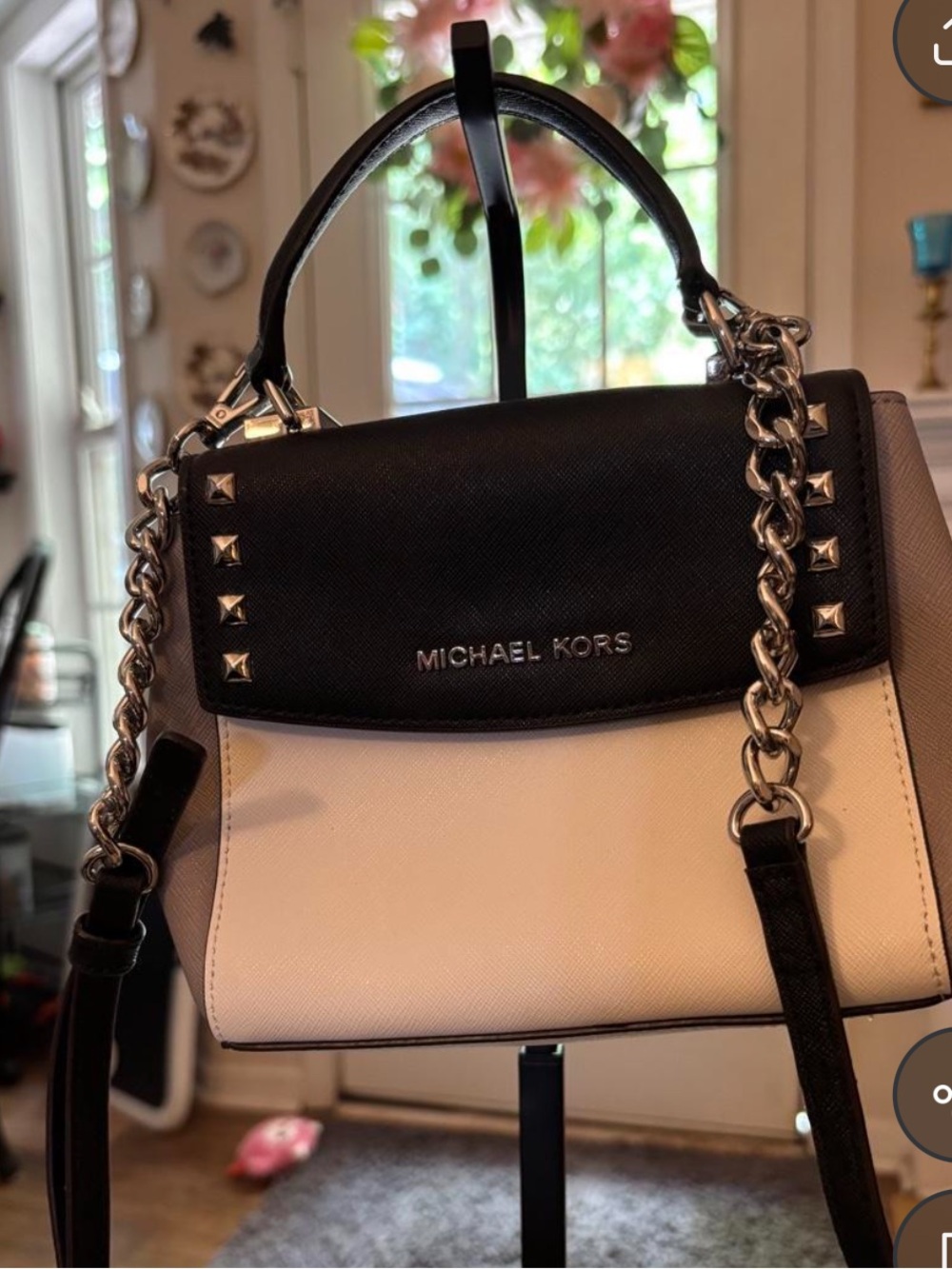 Michael Kors Black & White Chain-Accent Leather Satchel